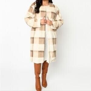 Polagram Faux Fur Brown Plaid Long Jacker Long Kimono Soft Cozy Plus Size 1XL